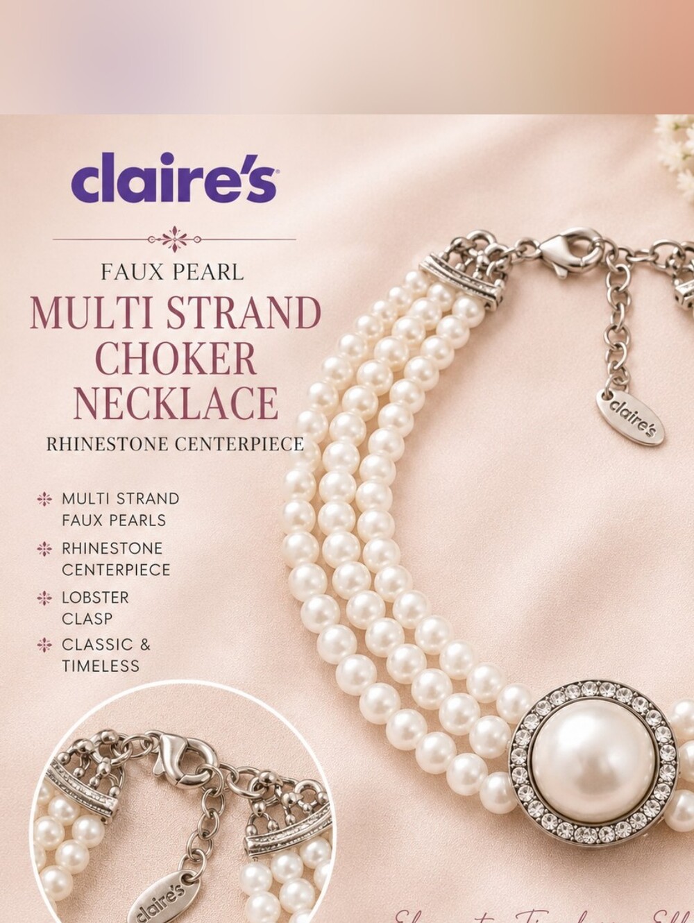 Claire’s Faux Pearl Multi Strand Choker Necklace Rhinestone Statement Collar